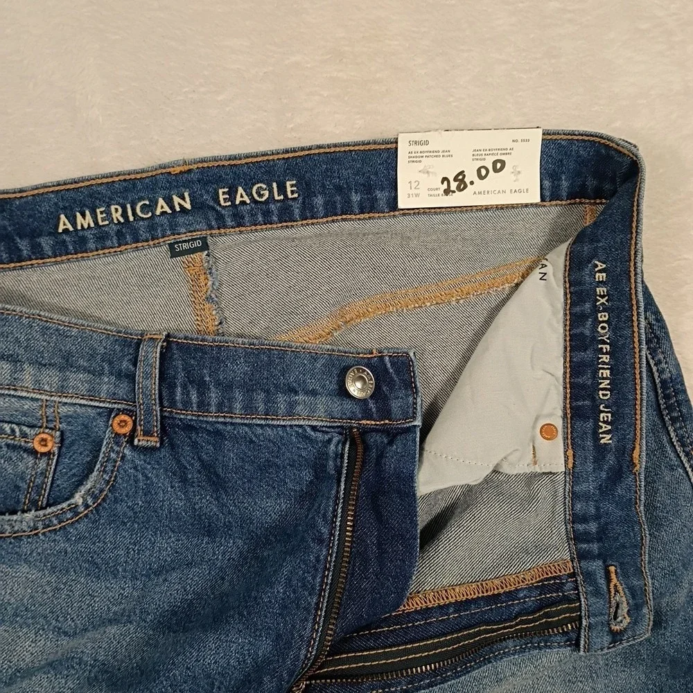 American Eagle EX Boyfriend Jeans Women's Size 12 Short Patch Distressed Strigid